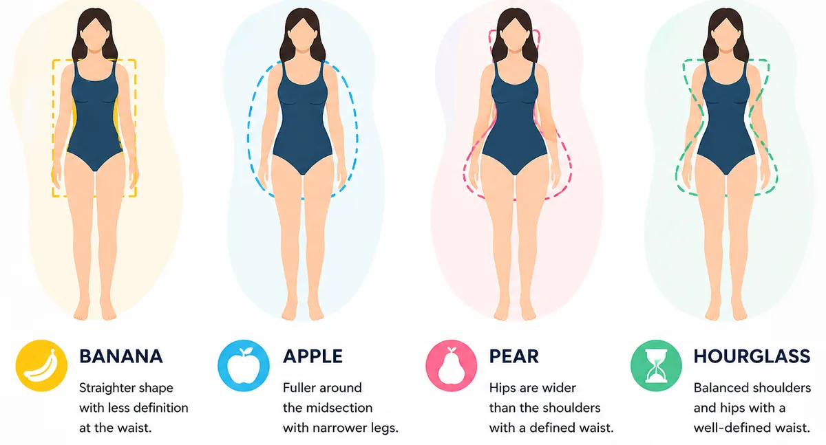 The four fashion body shapes side by side: banana, apple, pear and hourglass, each outlined to show where the shape is widest